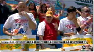 contests eating hot dogs during the 2012 annual Nathan's hot dog eating contest